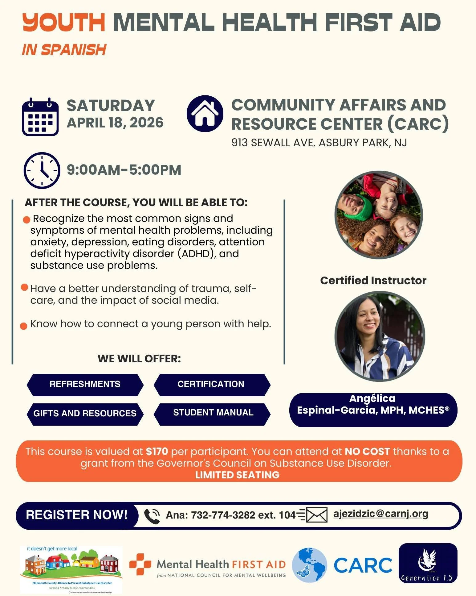 We invite you to join us for an important and meaningful workshop focused on recognizing the most common signs of mental health concerns.
Let&rsquo;s learn how to better support ourselves and others.
Spots are limited, please register today!

*****
L