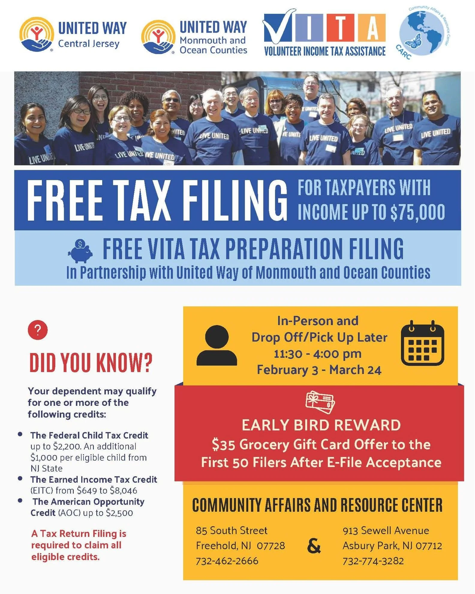 💰📄 It&rsquo;s Tax Season!
Get your FREE tax filing at CARC. Our team is here to help you file accurately and on time.
📅 Schedule your appointment today!
📞 Call to schedule your appointment today!
📍 Freehold: 85 South Street, Freehold, NJ 07728
?