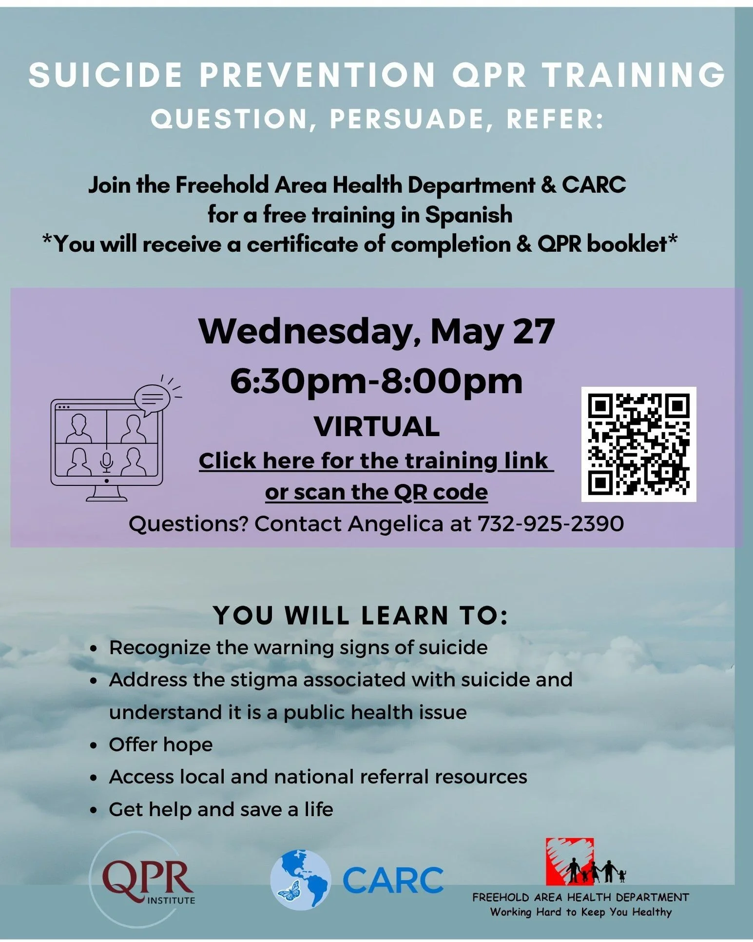 Join us for a FREE virtual Suicide Prevention QPR Training (Spanish) 💬💙
Learn how to recognize warning signs, break the stigma, and help save lives. This training will equip you with practical tools to support those in need&mdash;and you&rsquo;ll r