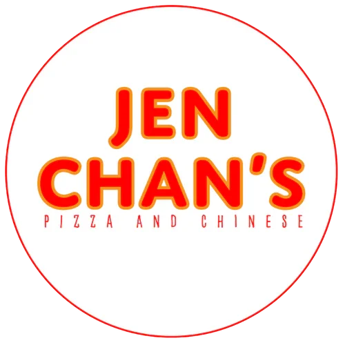 Logo for Jen Chan's Pizza and Chinese restaurant, with red and orange text on a white circular background.