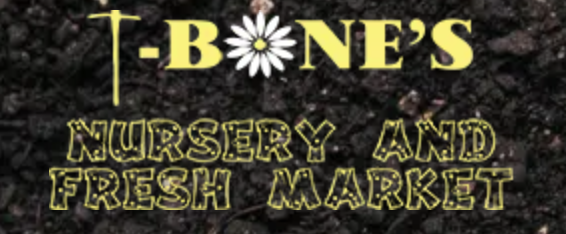 Sign for T-Bone's Nursery and Fresh Market with yellow text on a black background.