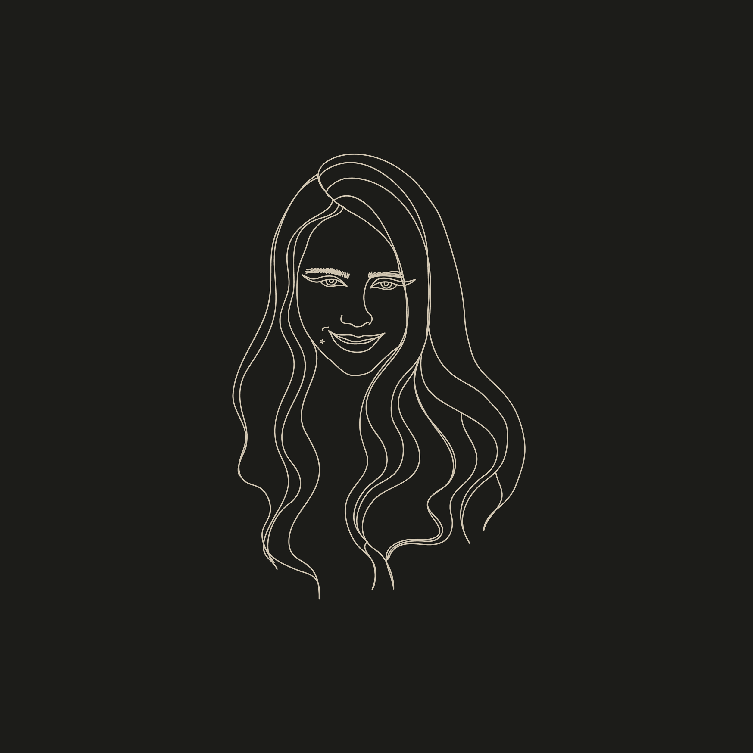 Line drawing of a smiling woman, Jacqui, with long wavy hair against a dark background.