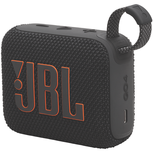 Portable JBL speaker with a textured black exterior and orange accents, connected to a braided strap handle.