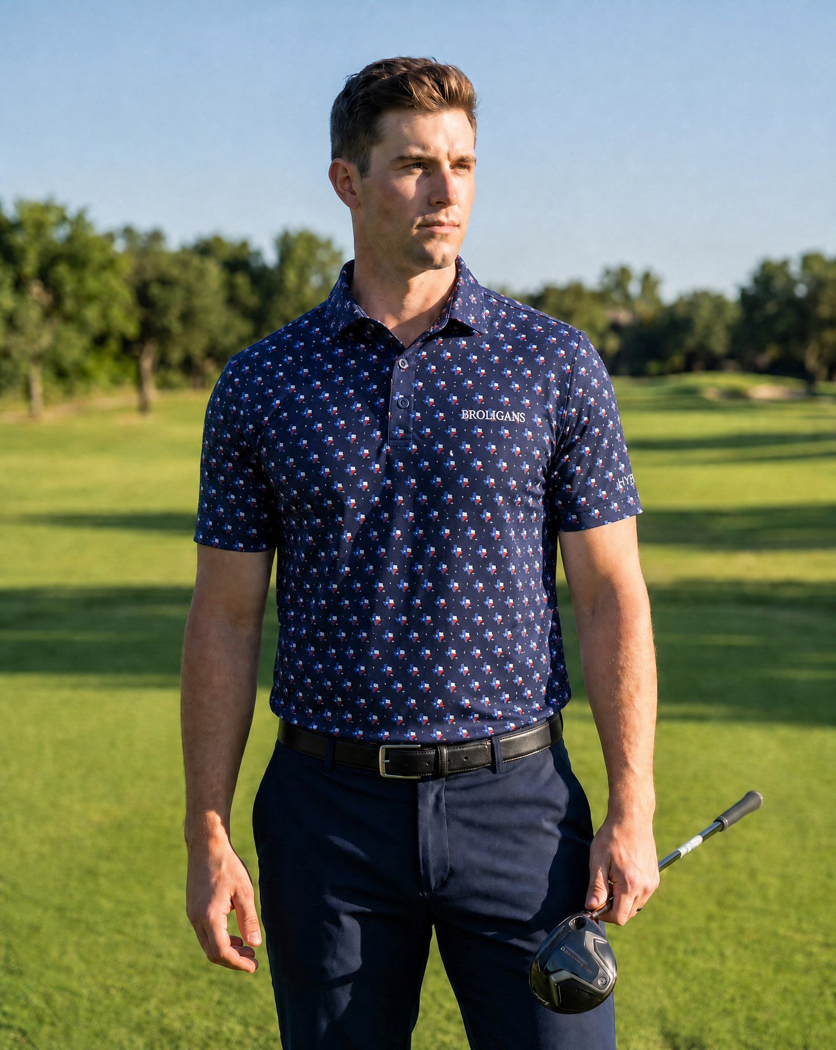 Broligans branded Texas golf polo worn on a golf course.