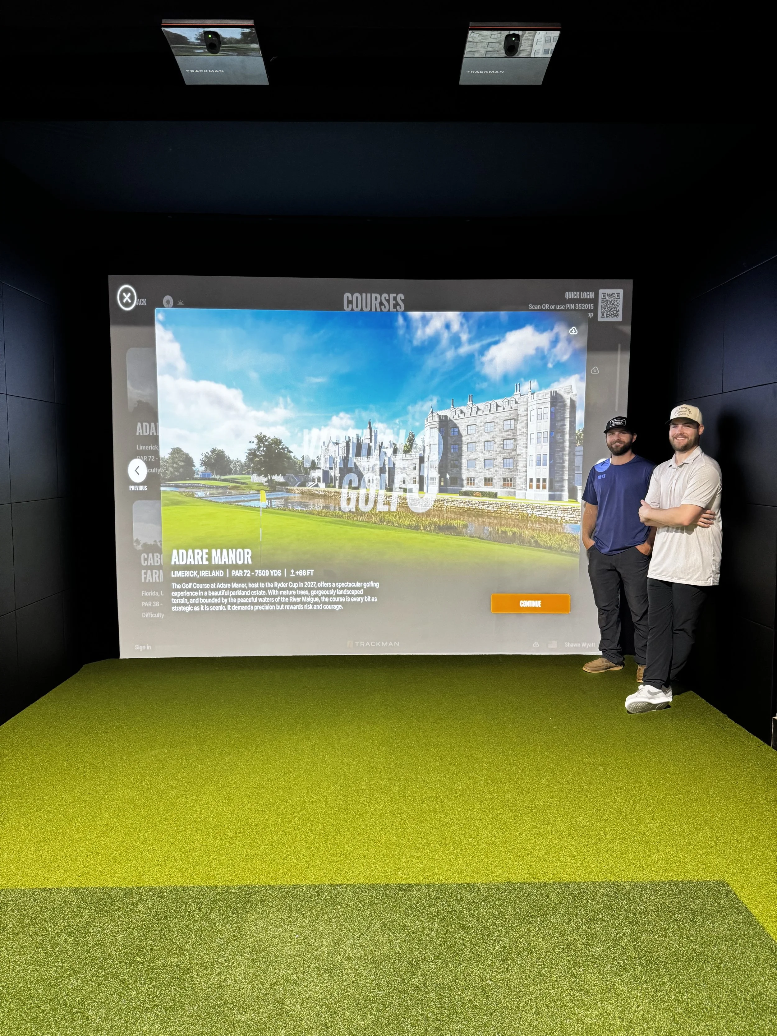 Founders Shawn & Clint's first photo in the newly installed Trackman simulator bays at Broligans Indoor Golf.
