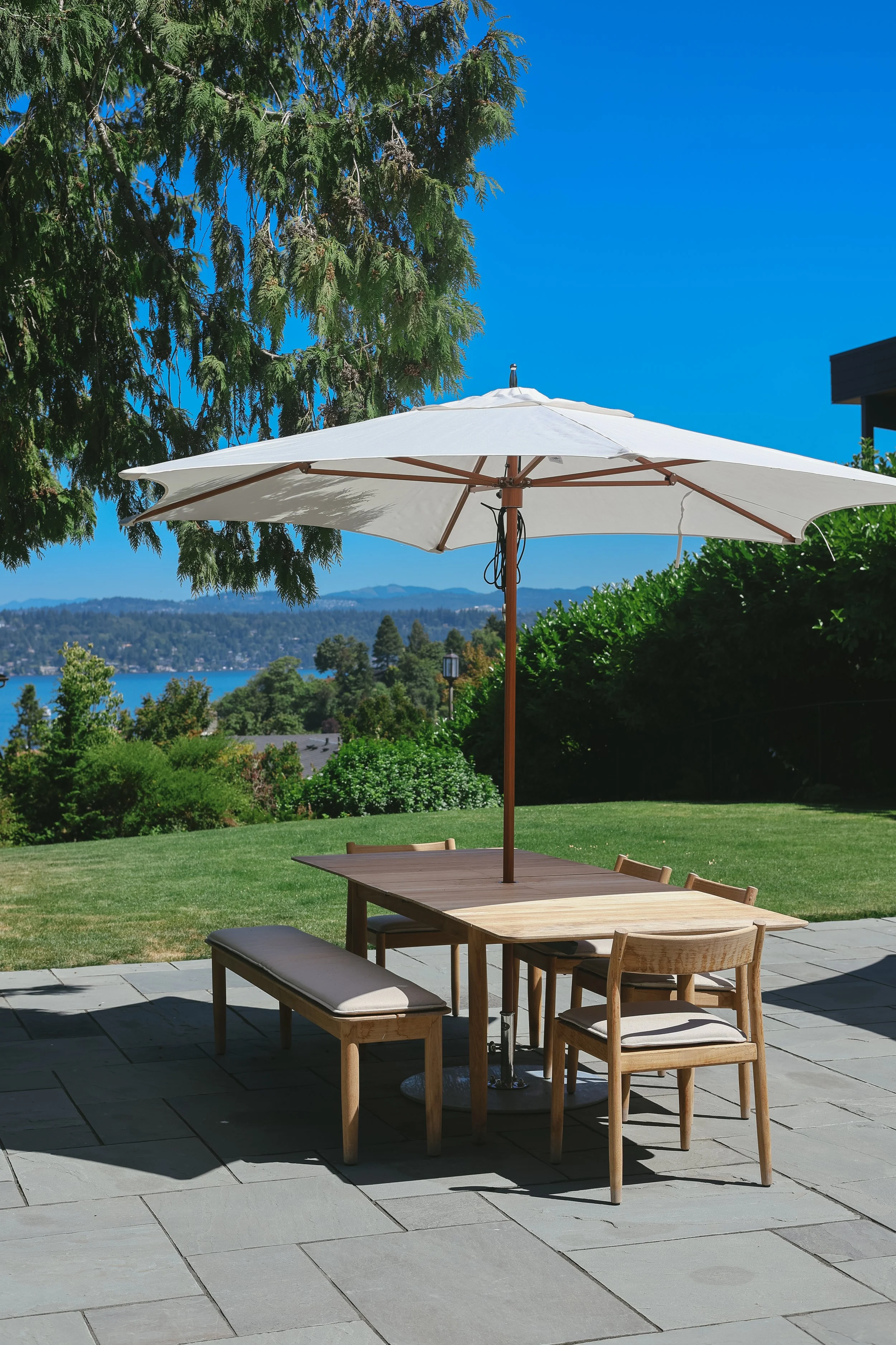 Dining outdoors with a lovely view is hard to beat.