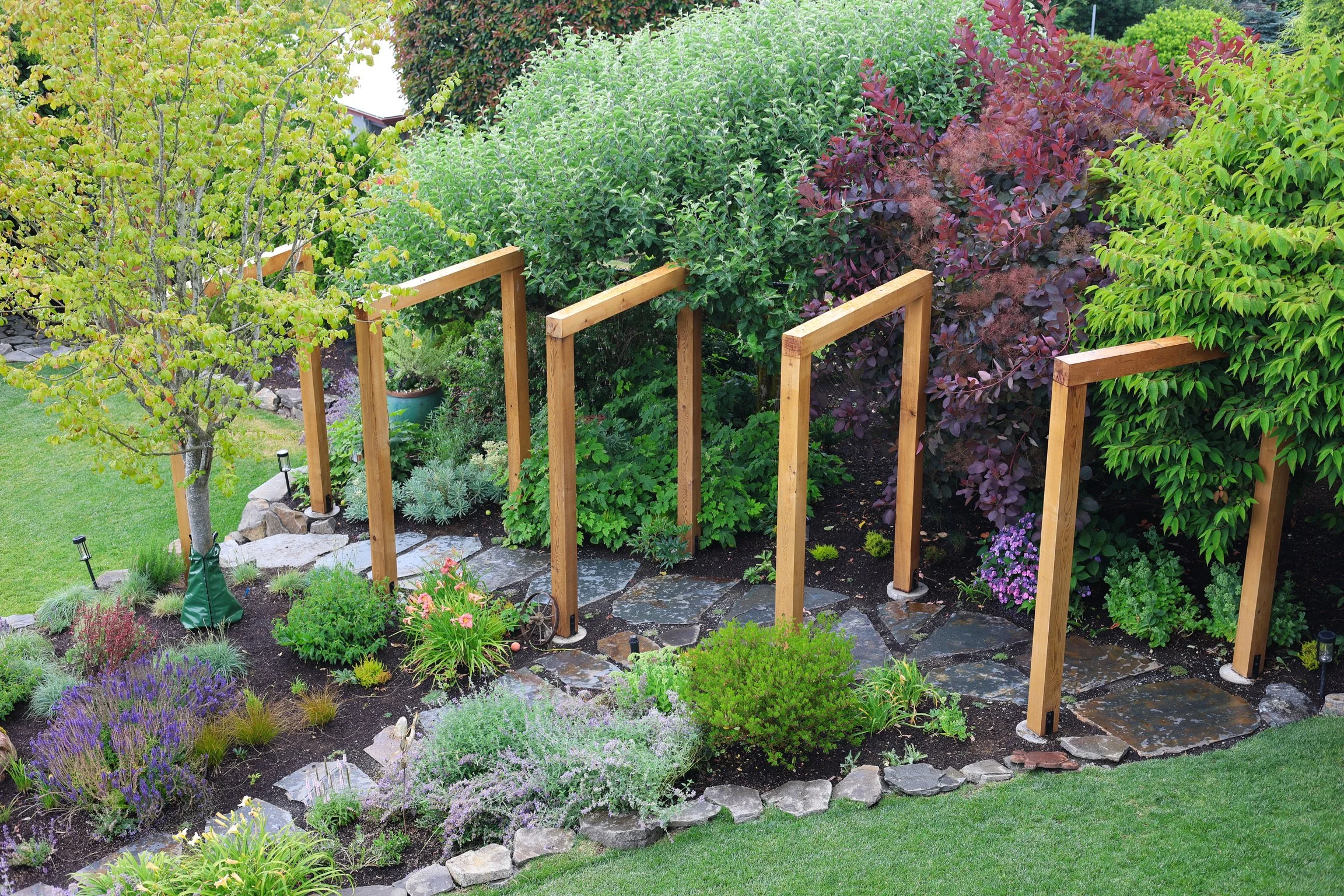 A series of cedar arbors adds structure and balance across the terraces.
