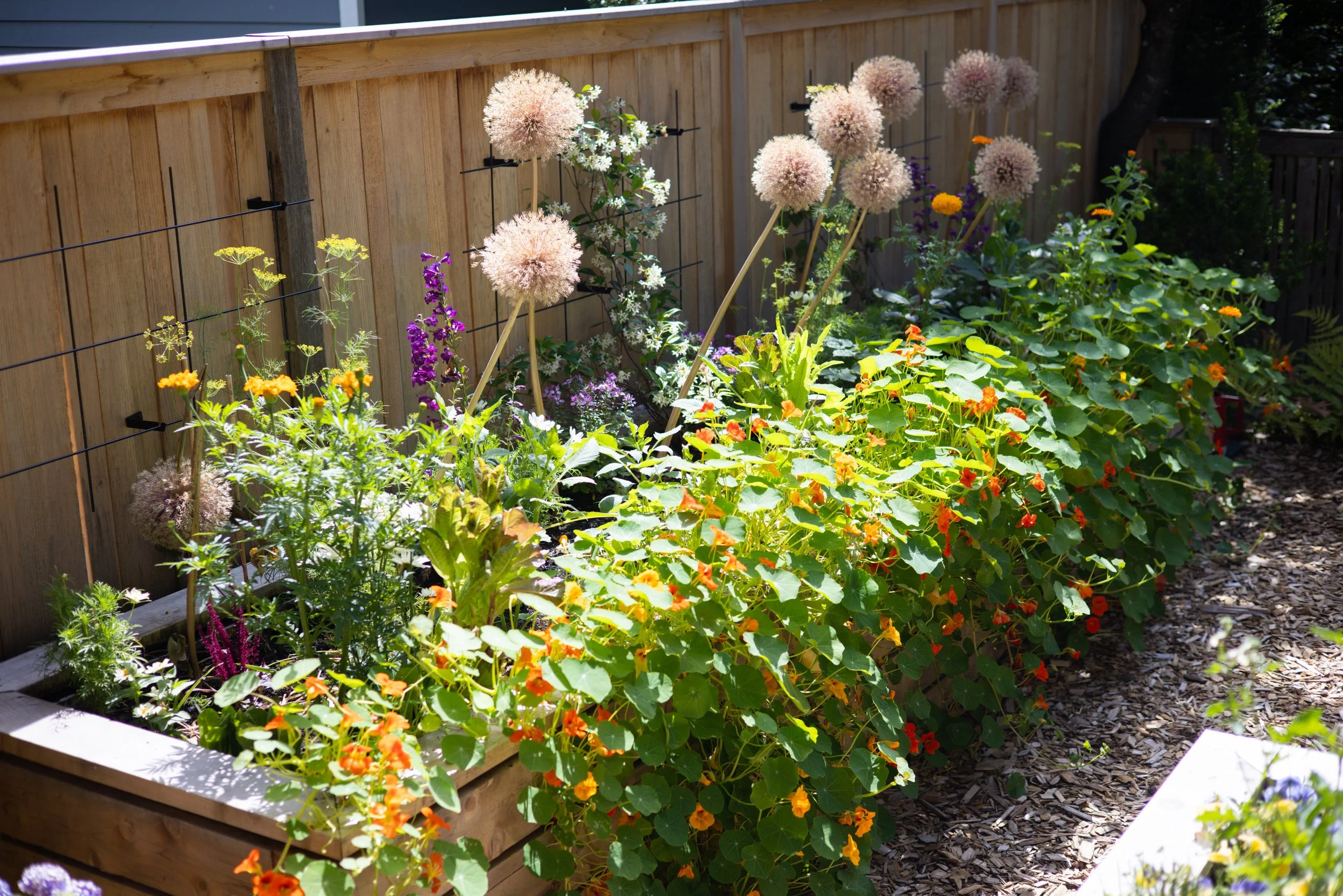 One bed is devoted to flowers creating a gorgeous backdrop to the space.