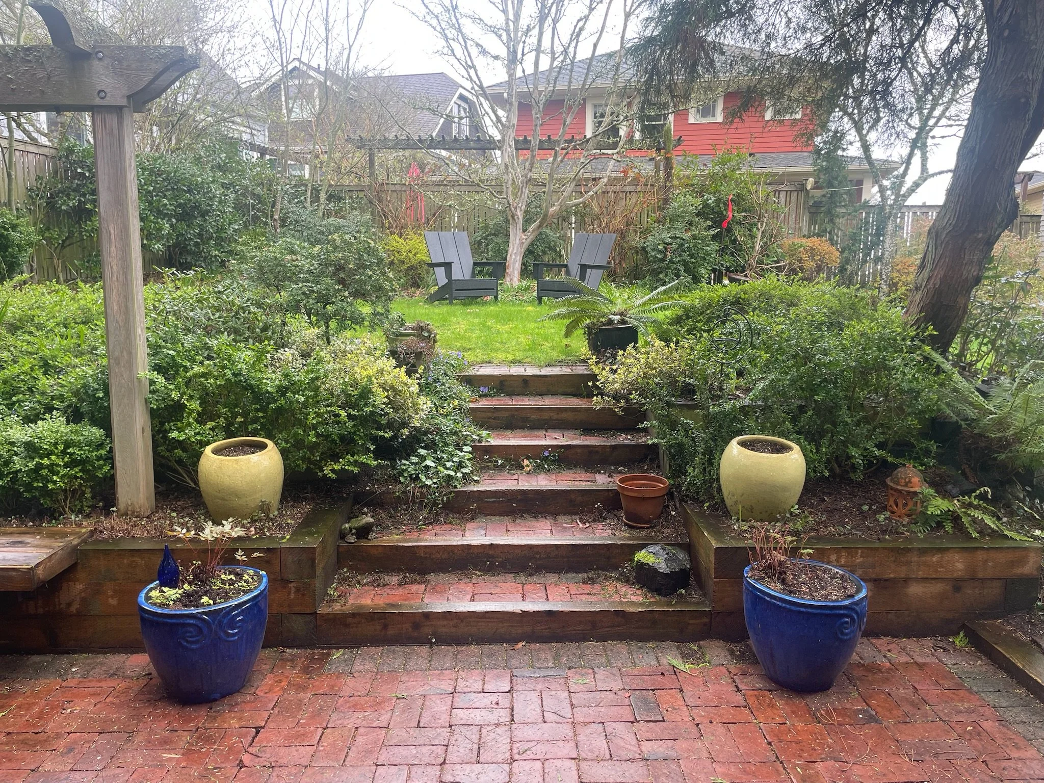 The stairs were slippery and over grown with plants