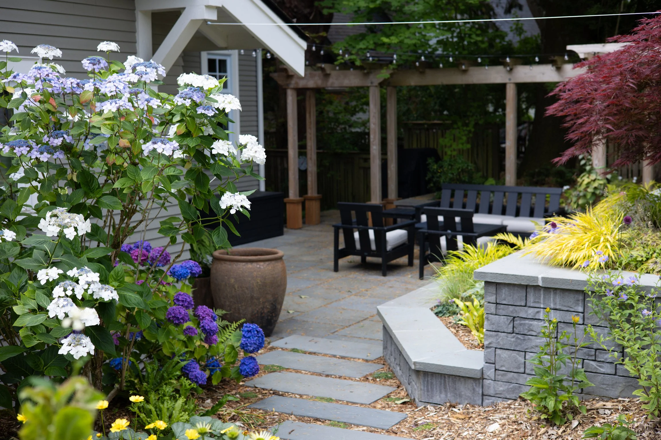 Plants frame the view from the kitchen garden to the patio.