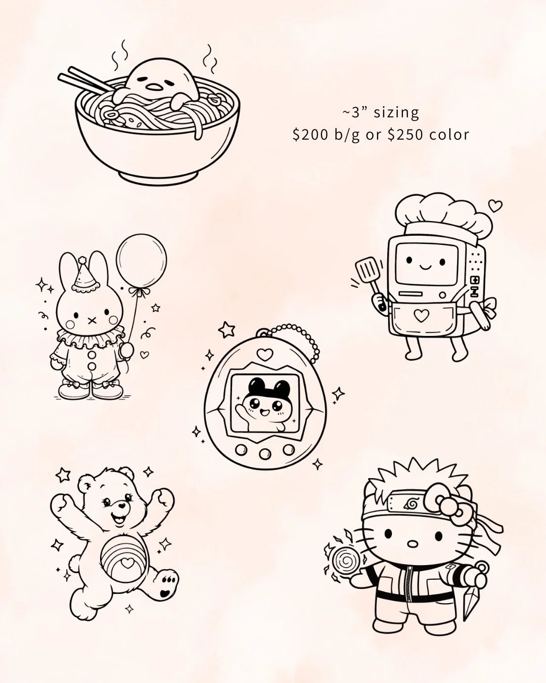 Some of my fav characters 🤓

3&rdquo; sizing; $200 b/g or $250 color (size can be bigger, price will adjust accordingly)

Booking for January-March 🗓️
DM me or visit the link in my bio to book 💌
Located in Orange County, CA 📍