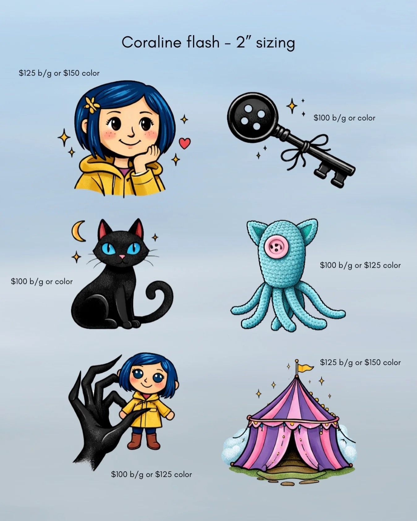 I&rsquo;ve had so many requests for Coraline flash so I&rsquo;m so excited to share these! This is one of my all time favorite movies 🗝️

Pricing shown is for 2&rdquo; sizing. Sizing can be adjusted and pricing will reflect any sizing changes. ✨

DM