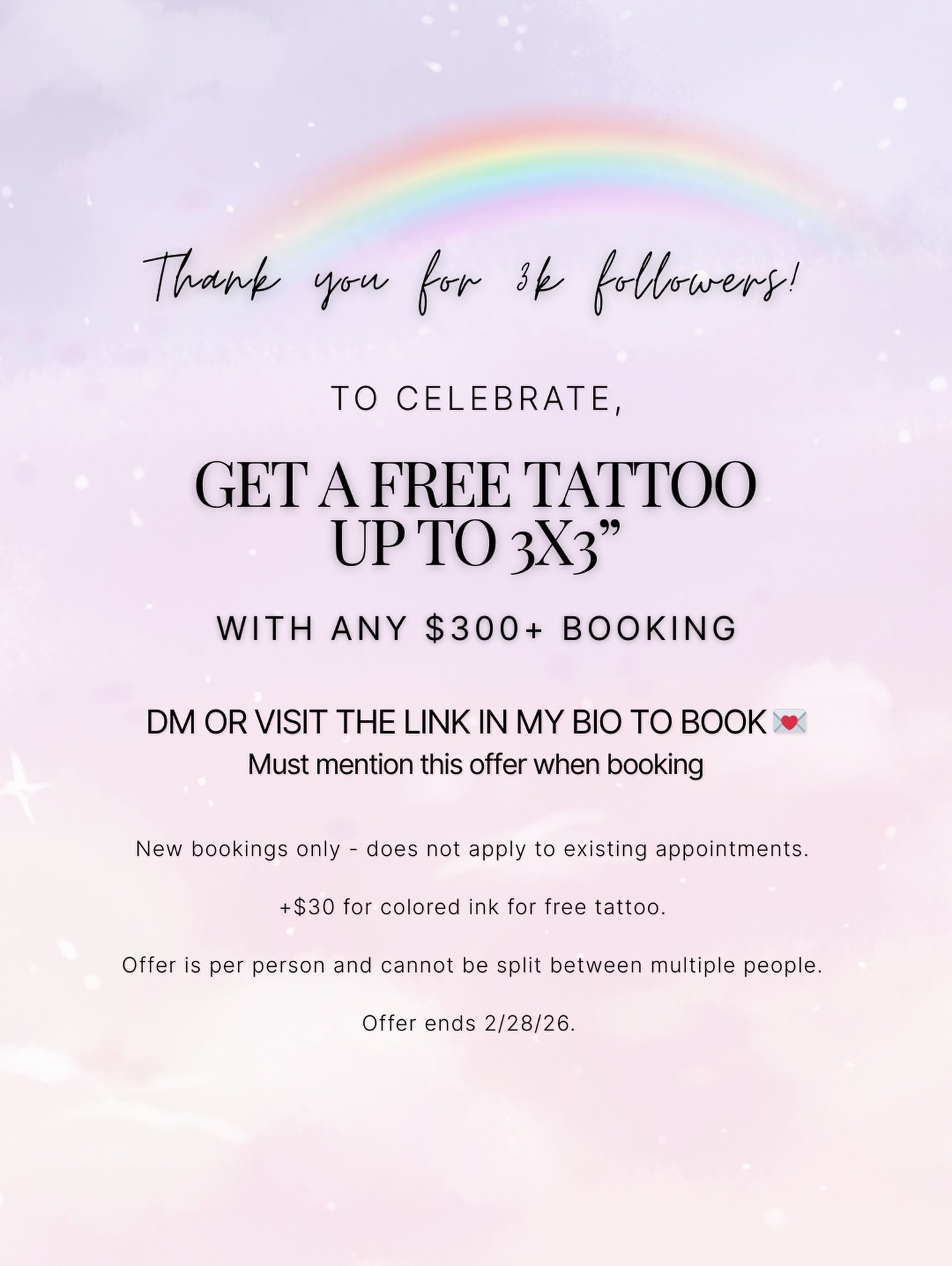 Thank you for 3k followers! I am so grateful for all the love I get for my work ❤️

To show my appreciation, I would love to offer a FREE TATTOO up to 3x3&rdquo; with any $300+ booking! DM me or fill out the form at the link in my bio to book an appo