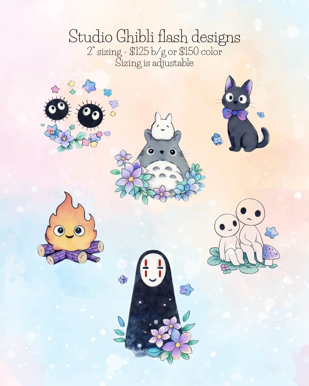 Studio Ghibli flash! Sizing is adjustable and pricing will reflect any size changes. 2&rdquo; minimum sizing but I would love to do these in a bigger size for more detail in the colors! ✨

Currently booking for March, April, and May (February is full
