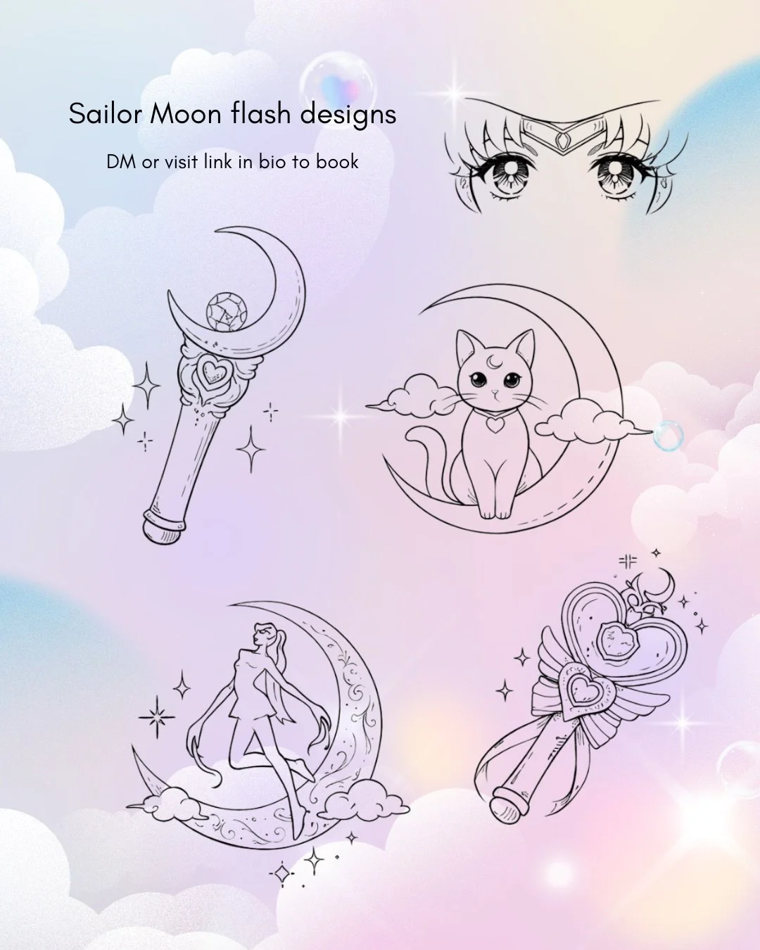 Sailor Moon flash designs! ✨

DM me or visit the link in my bio to book a custom or flash tattoo with me 💌

Currently booking new and returning clients for now through June 🗓️
Located in Garden Grove, CA 📍