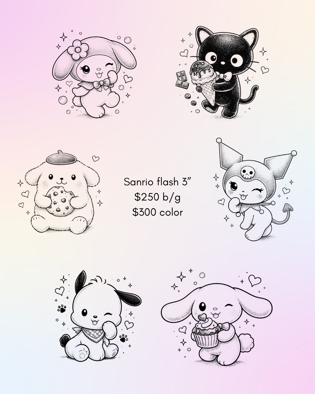 Sanrio flash designs! Would love to do these at a 3&rdquo; size. $250 b/g or $300 color. 🫶🏻

DM me or visit the link in my bio to book a custom or flash tattoo with me 💌

Currently booking new and returning clients for now through June 🗓️
Located