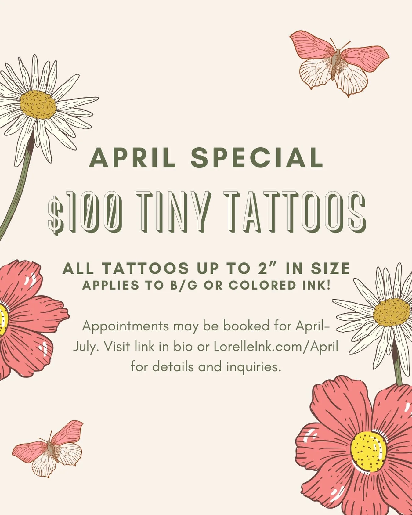 APRIL SPECIAL: $100 ALL TATTOOS UP TO 2&rdquo; IN SIZE! 💸
Yes, this deal includes colored ink! 🌈

Visit link in bio or LorelleInk.com/April for details and inquiries 🔗

Located in Garden Grove, CA 📍