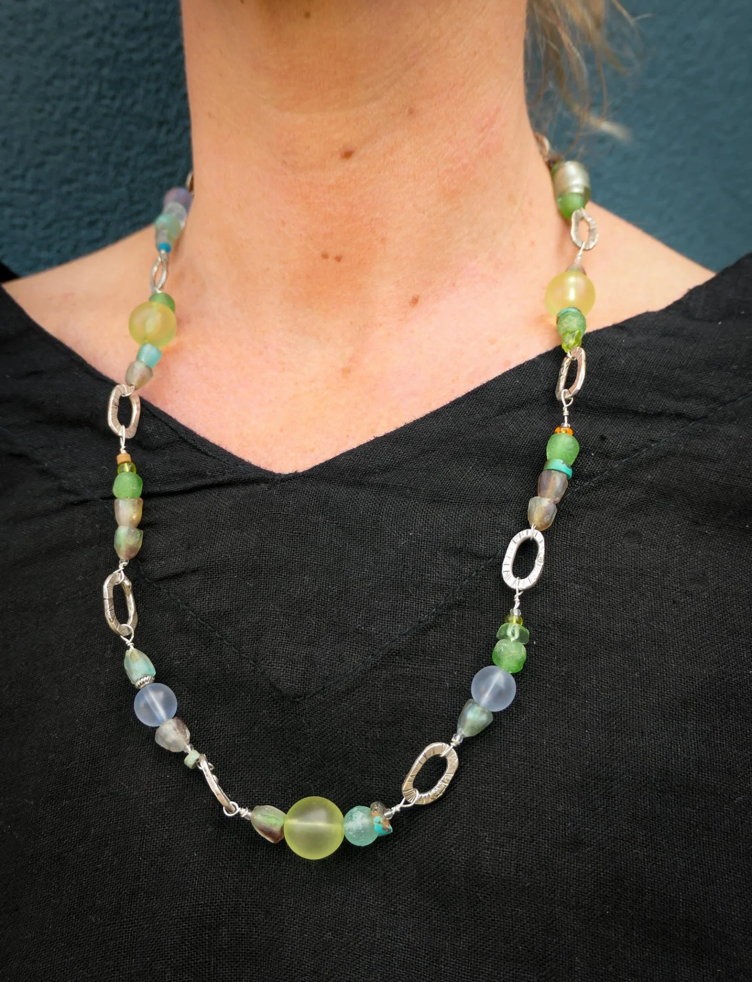 Green-Blue-Glass-Beads-Oval-Etched-Sterling-Silver-Links-Necklace-Bracelet-9.jpg