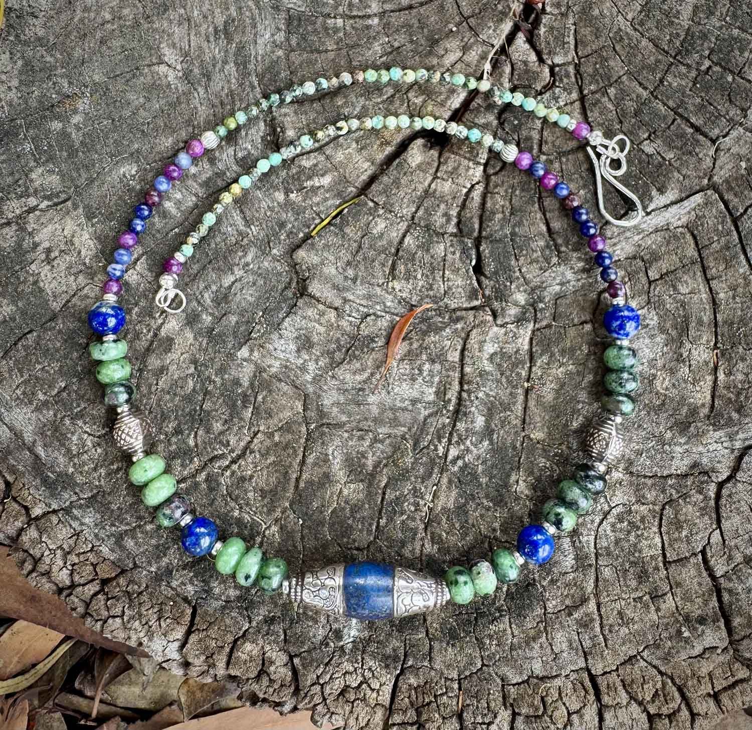 Antique-Tibetan-Lapis-Silver-Capped-Bea-, Ruby-Zooisite-Sodalite-Lepidolite-Turquoise-Silver-Necklace-Small.jpg