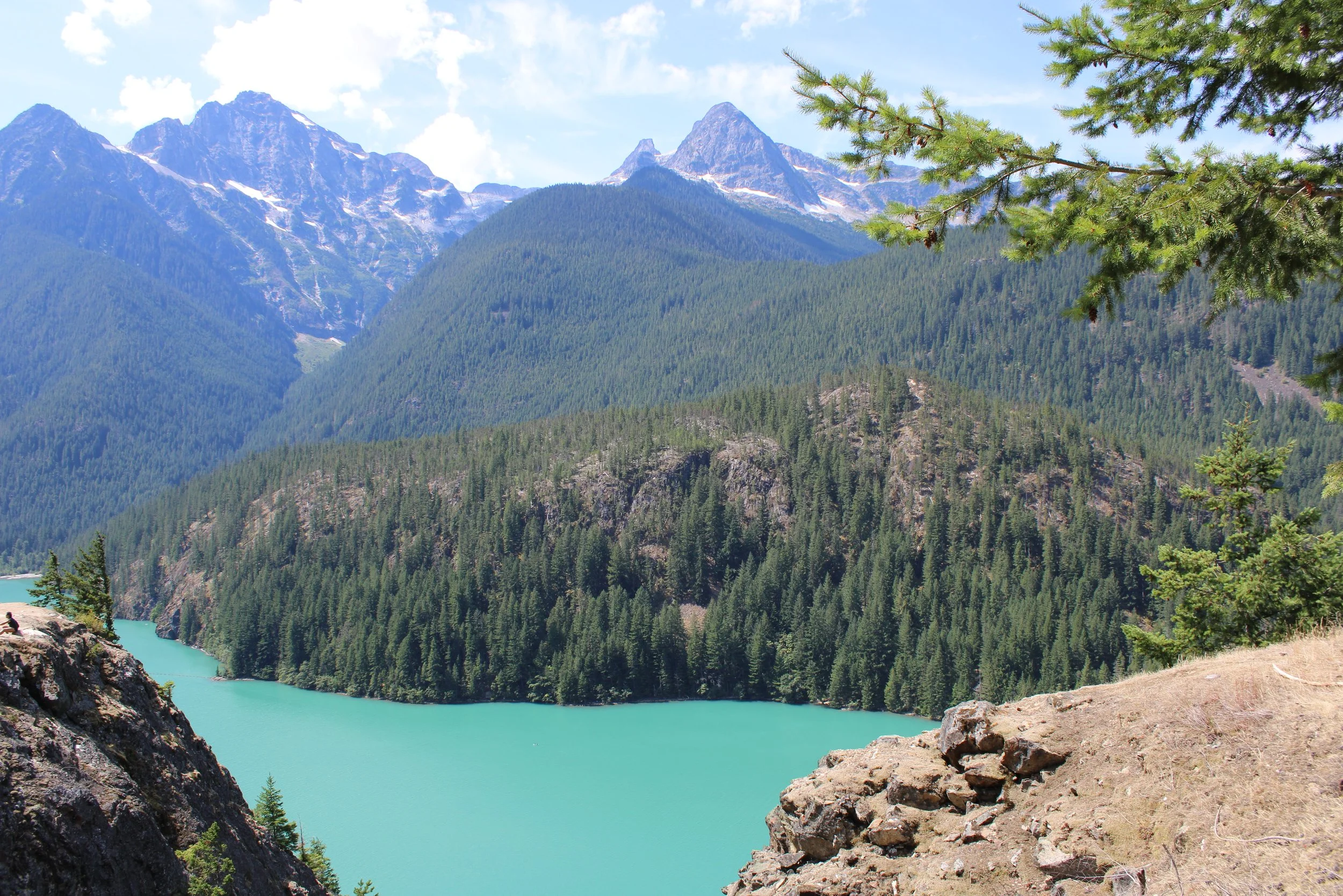 A picture of blue glacier water in North Cascades Diablo Lake mountain area. Lots of evergreen trees and tall mountain peaks.