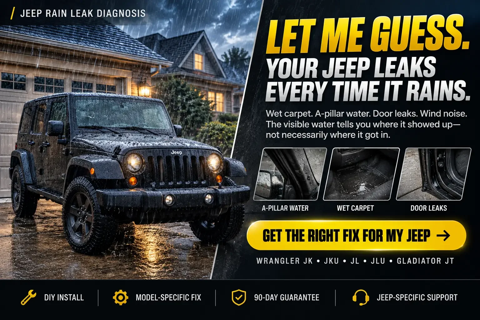 Jeep Wrangler rain leak diagnosis showing A-pillar water, wet carpet and door leaks after rain.