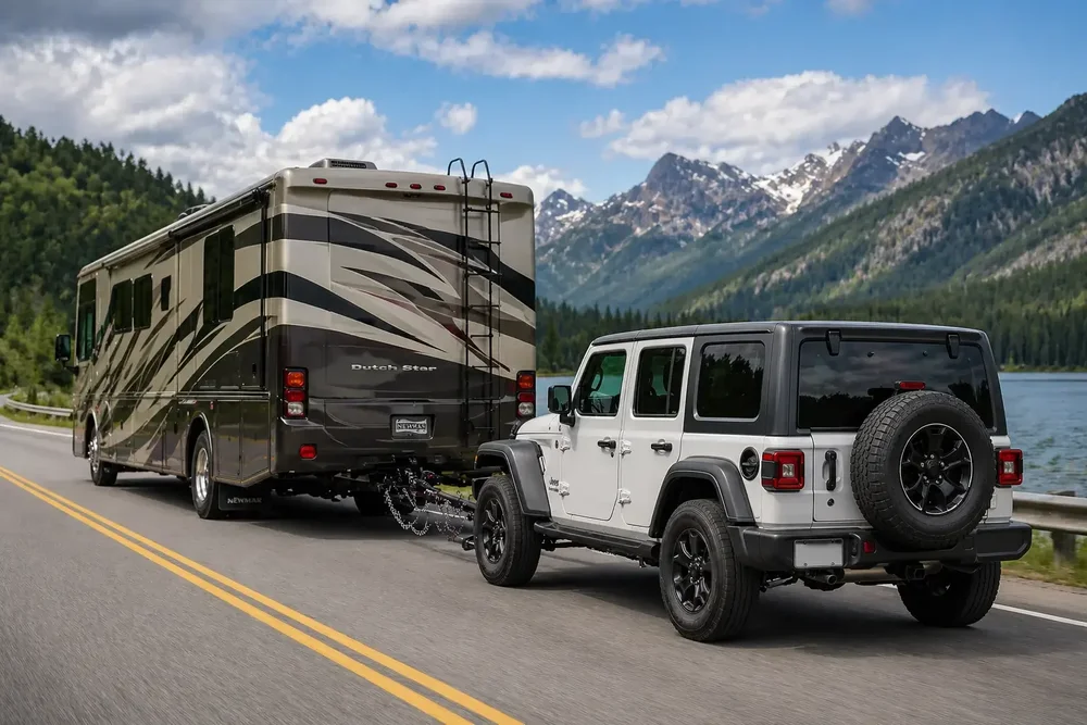 Jeep Wrangler being flat towed behind a motorhome on a highway