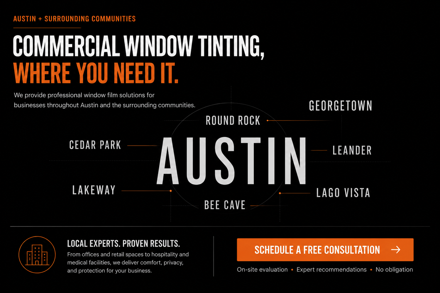 iTint ATX commercial window tinting service areas including Austin, Cedar Park, Round Rock, Georgetown, Leander, Lago Vista, Bee Cave, and Lakeway