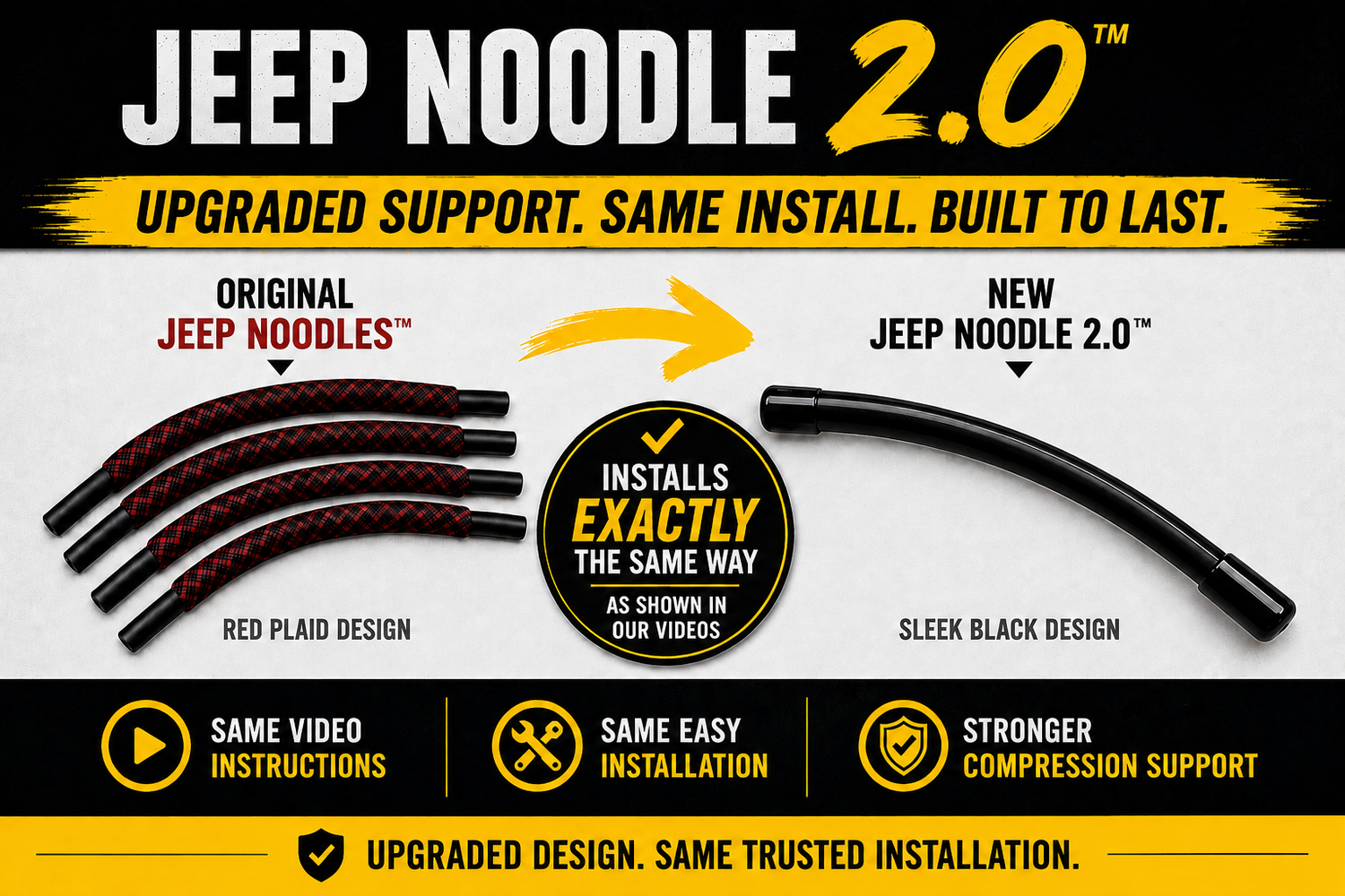 Original red Jeep Noodles compared with the upgraded black Jeep Noodle 2.0