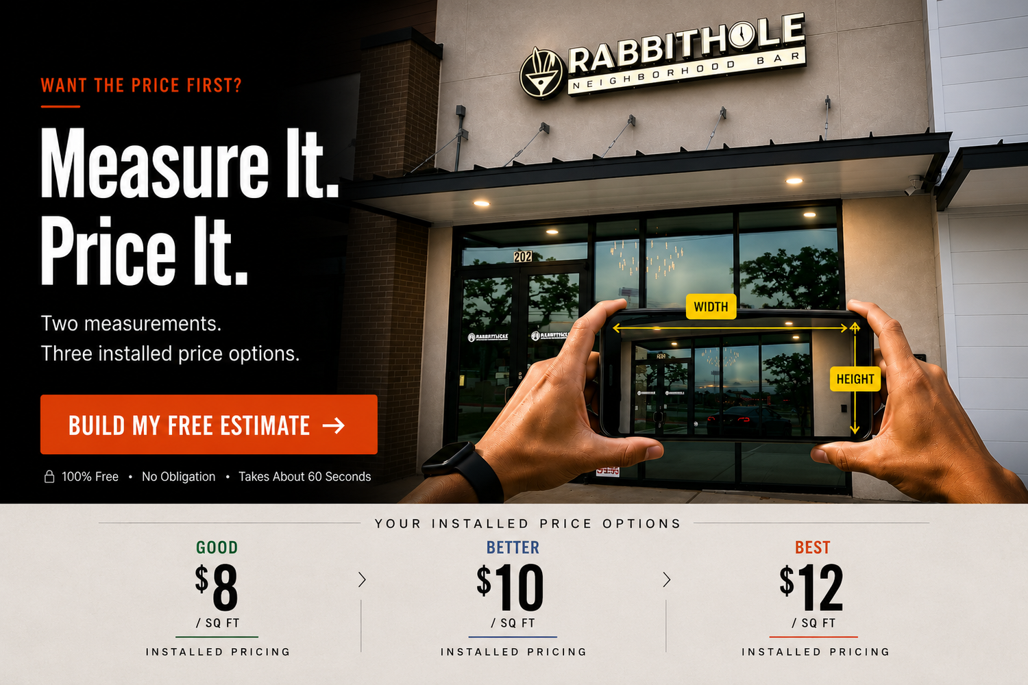 iTint ATX commercial window tinting cost estimator showing installed pricing of $8, $10, and $12 per square foot