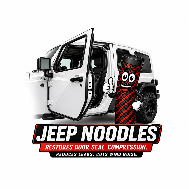 Jeep Noodles door seal compression restoration image with Jeep door and product graphic