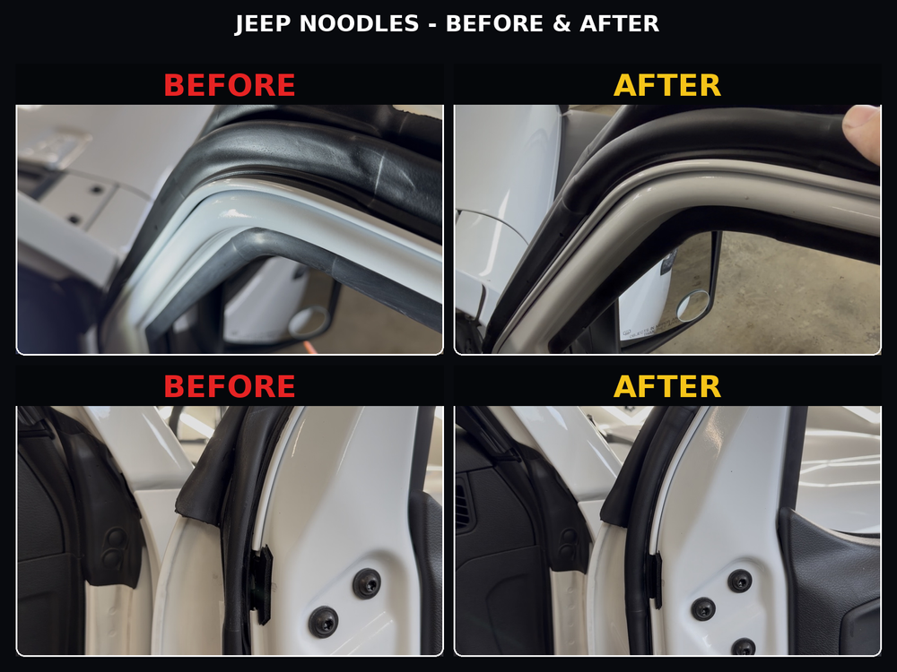 Before and after photos showing Jeep Noodles restoring compression at the upper A-pillar and midpoint door-seal areas