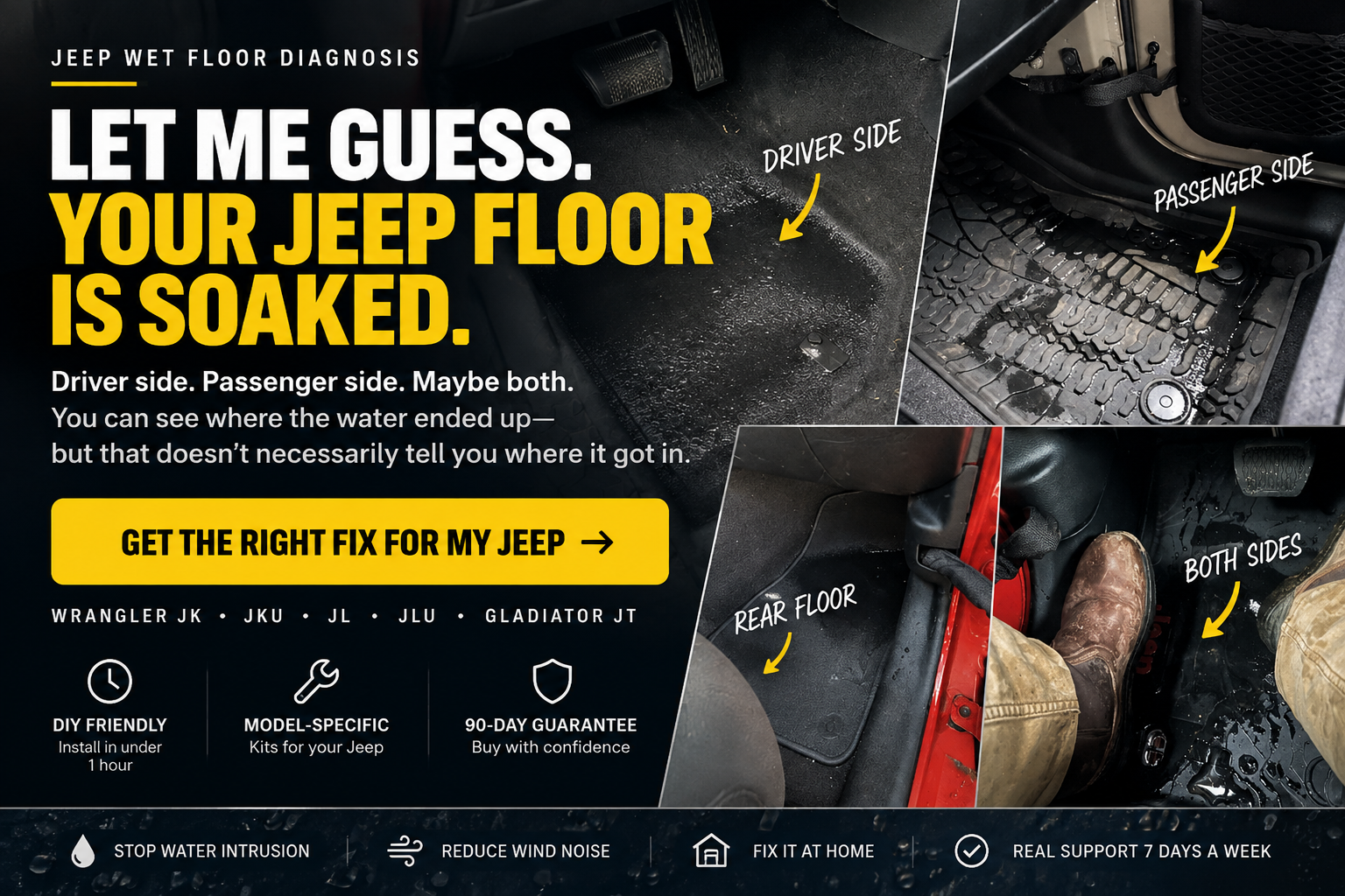 Jeep wet floor diagnosis showing soaked driver, passenger and rear floor areas from water intrusion.
