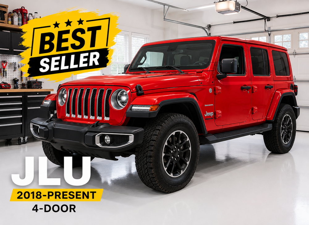 Red 2018-present Jeep Wrangler Unlimited JLU 4-door inside a bright home garage