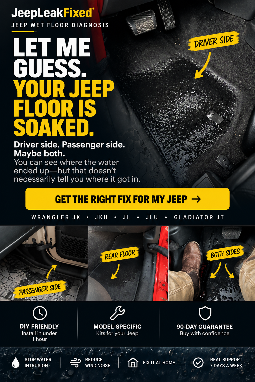 Jeep wet floor diagnosis showing soaked driver, passenger and rear floor areas from water intrusion.