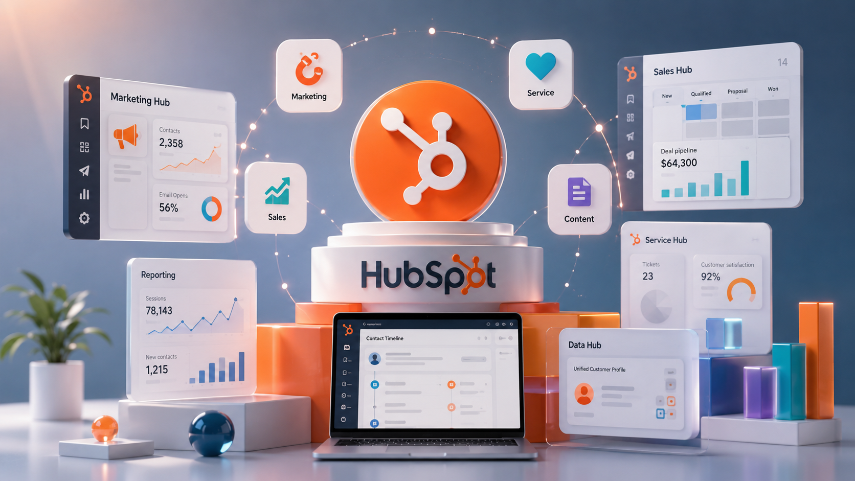 HubSpot software decision guide illustration showing the connected CRM platform, Marketing Hub, Sales Hub, Service Hub, Content Hub, Data Hub, reporting, and customer management tools.