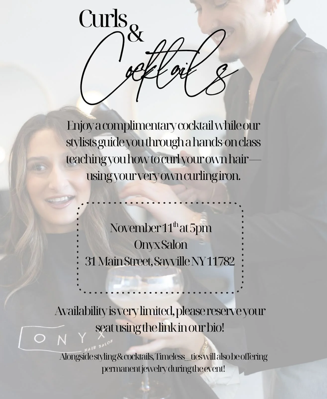 Elevate your hair game. At Curls &amp; Cocktails, our stylists will teach you how to master your curling iron while you sip a cocktail &amp; unwind. Reserve your spot via the link in our bio. 🥂✨