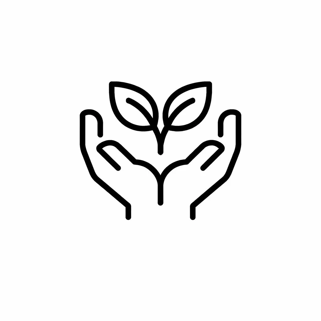 Line art icon of open hands holding a growing sprout, symbolizing hope and fertility therapy