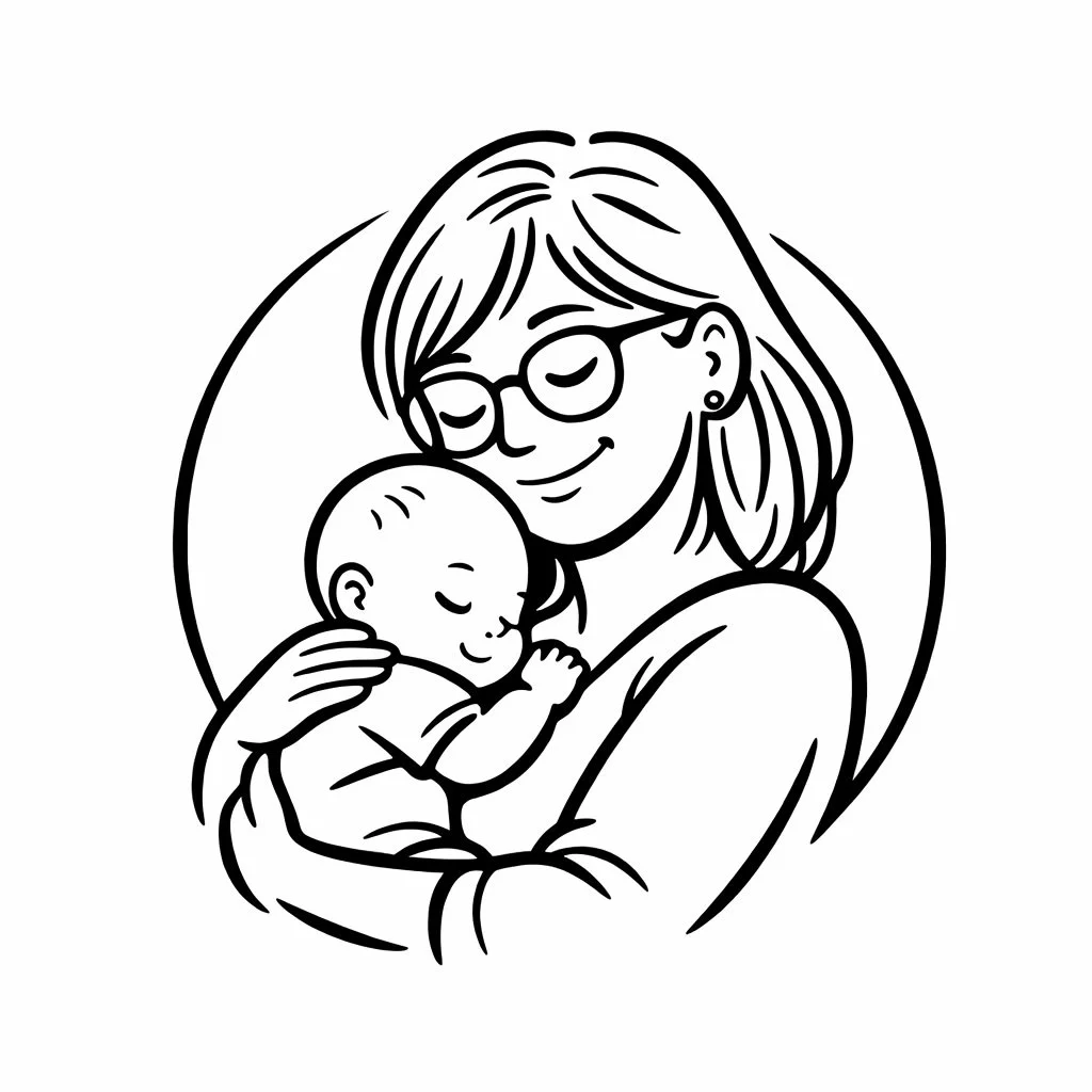 Detailed line art of a smiling woman with glasses cradling a baby, symbolizing later-in-life parenting"