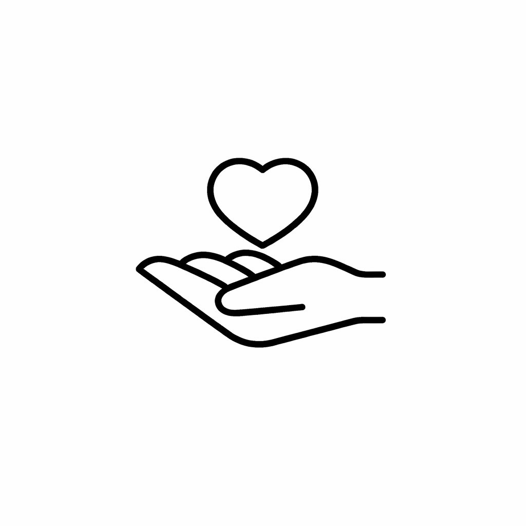 Minimalist icon of a hand offering a heart, representing support for donor and surrogacy journeys