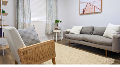 Cozy and private therapy office in Calabasas with comfortable couch for fertility, couples, and trauma counseling.