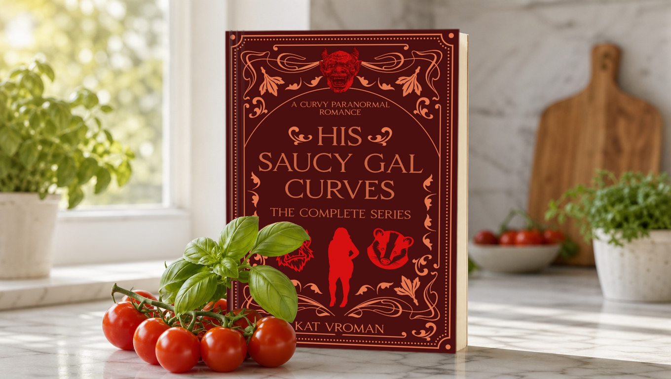 His Saucy Gal Curves: The Complete Series by Kat Vroman paperback in kitchen with tomatoes and window