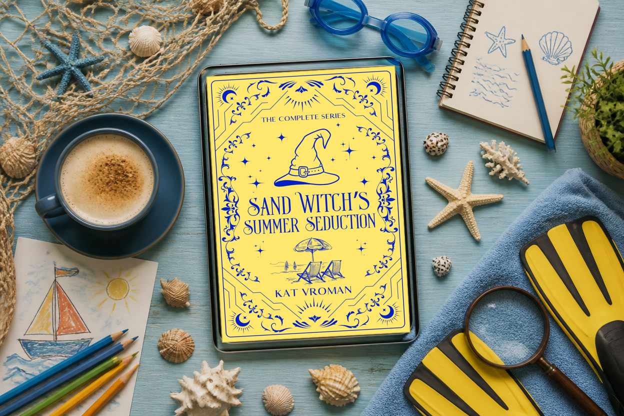 Sand Witch's Summer Seduction: The Complete Series by Kat Vroman on blue towel with shells, fishing net, flipeprs, goggles