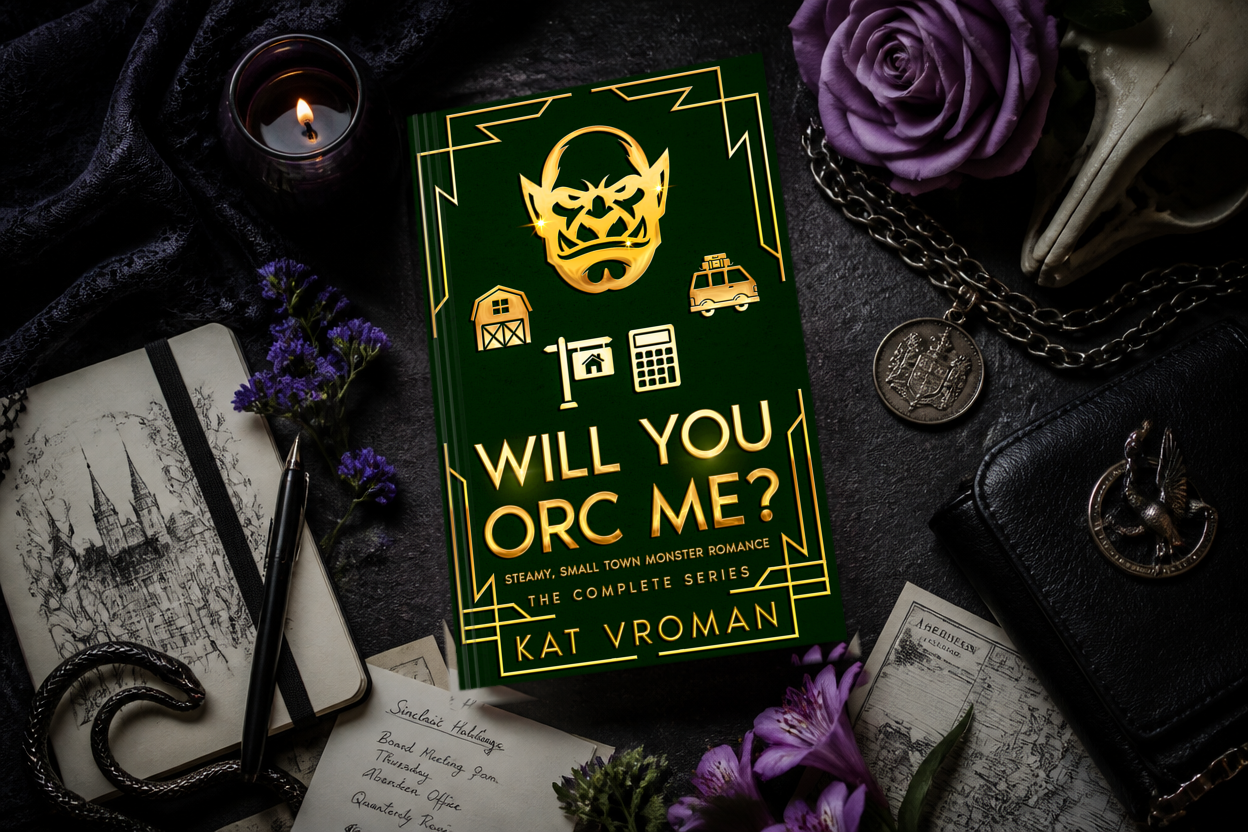 Will You Orc Me?: The Complete Series by Kat Vroman on table with purple roses, candle, sketchbook