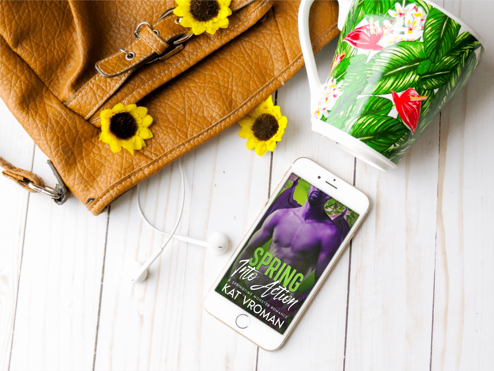Spring Into Action by Kat Vroman on phone, sunflowers, leather purse, floral mug