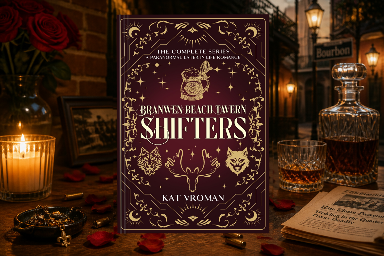 Branwen Beach Tavern Shifters: The Complete Series by Kat Vroman on desk with rose petals, whiskey, candle, street lamp in background