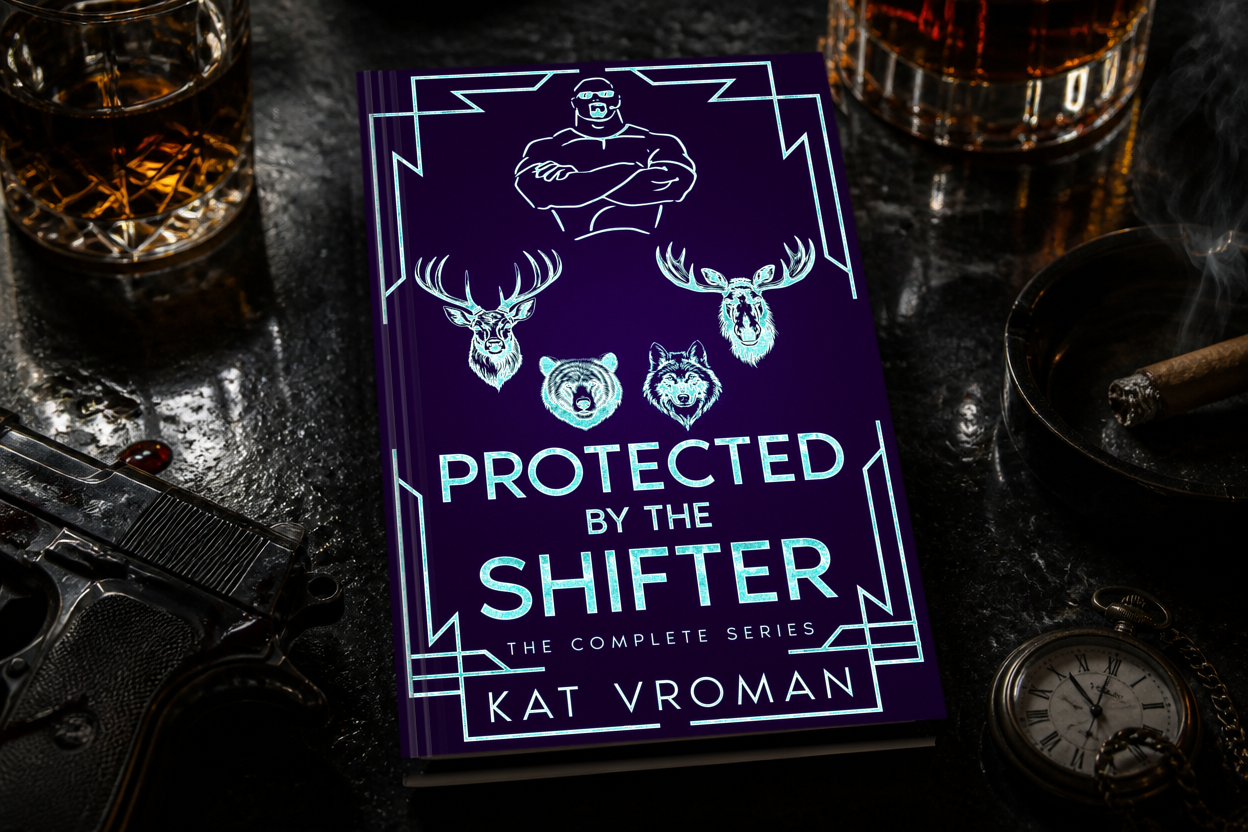 Protected by the Shifter: The Complete Series by Kat Vroman on desk with whiskey, cigar, 