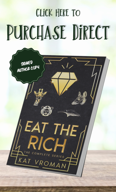 eat the rich by kat vroman paperback on wooden table, blurry window background