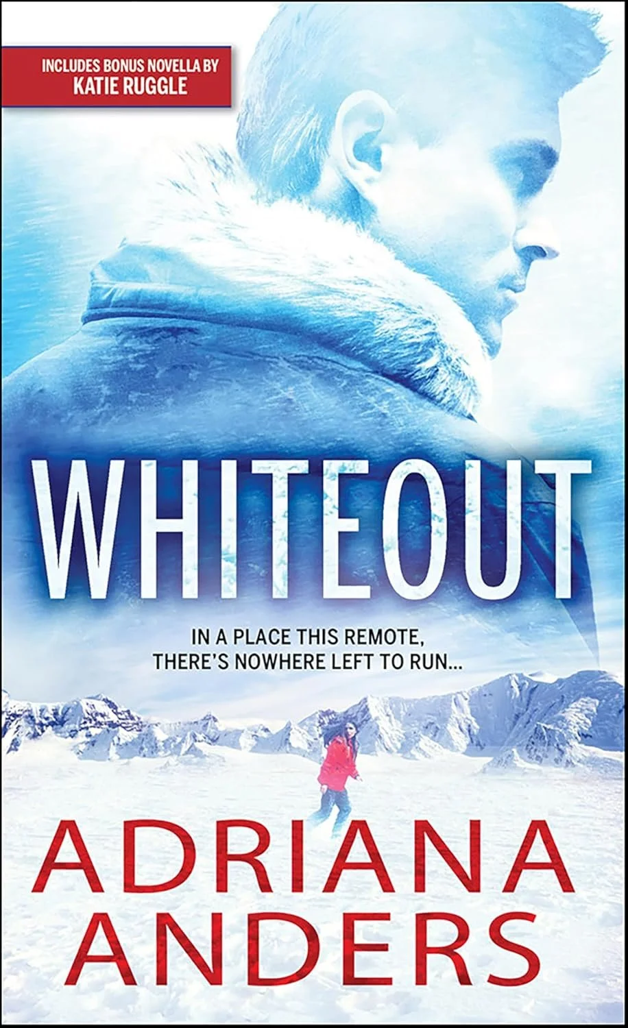 black and red font, woman in snowy mountain area, large man above like a cloud