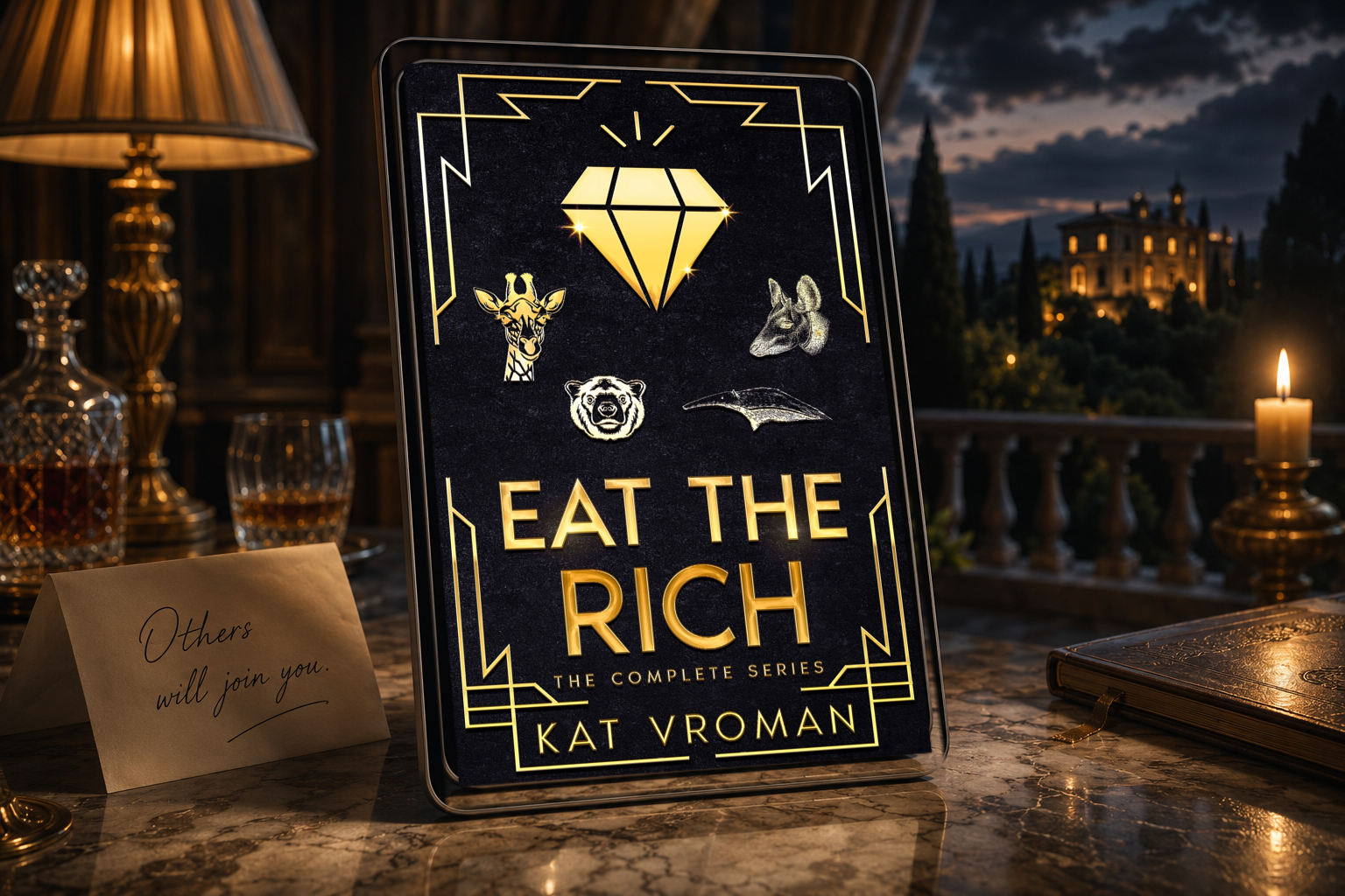 Eat the Rich: The Complete Series by Kat Vroman on tablet with lit up man or outside window in the night and on marble desk with lamp