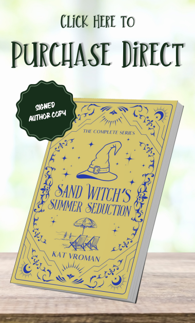 sand witch's summer seduction by kat vroman paperback on wooden table, blurry window background